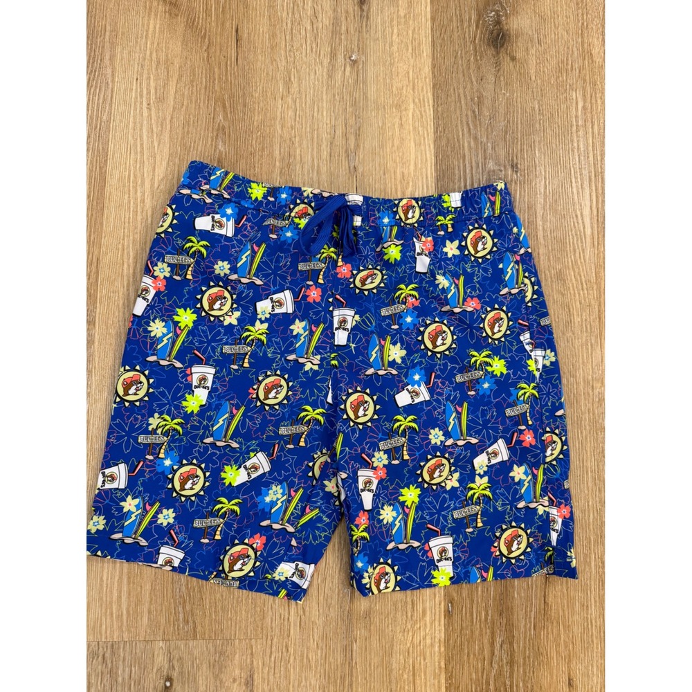 Buc-ee's Boys Youth Large Swim‎ Trunks Blue Tropical Beaver Mascot Board Shorts